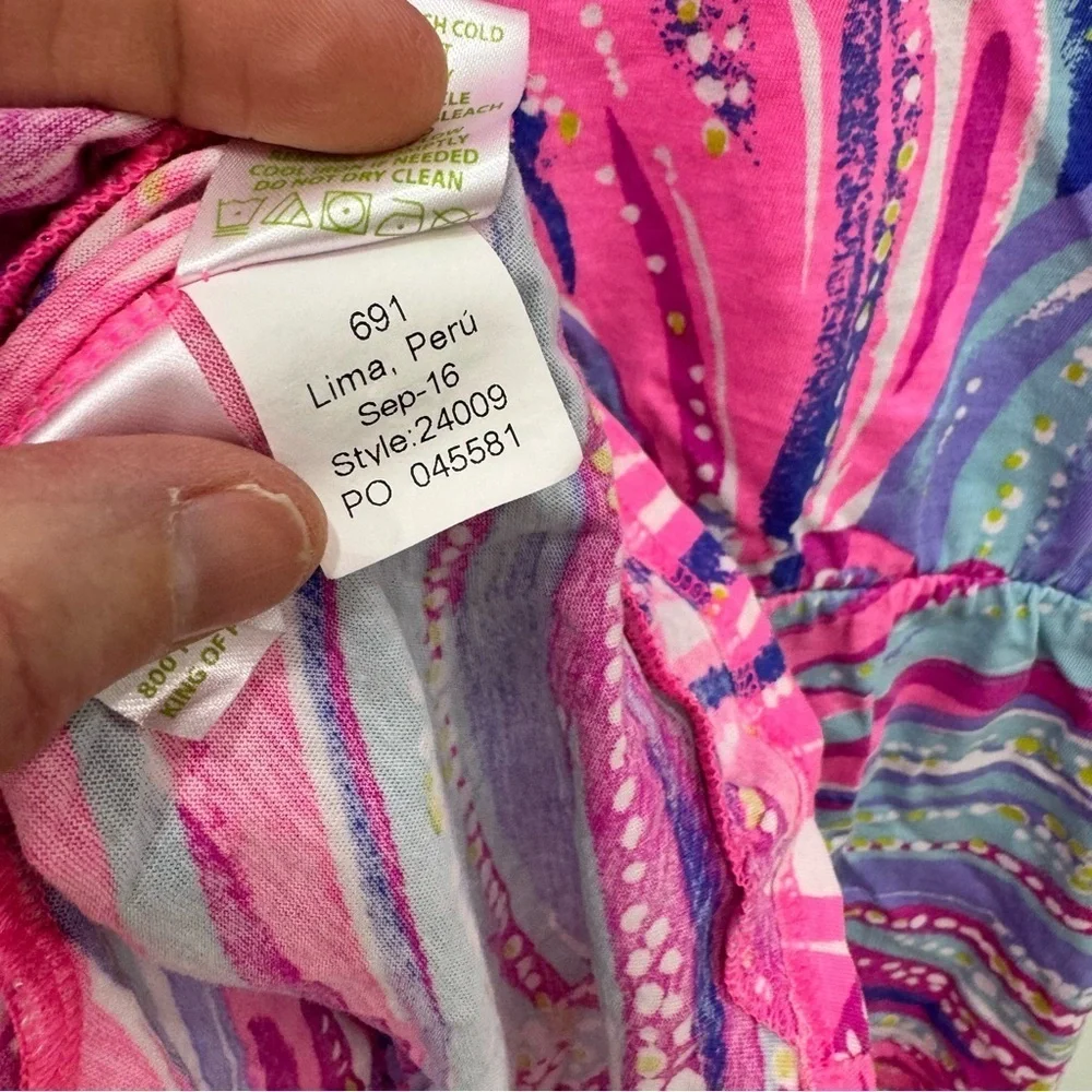Lilly Pulitzer Oh My Guava Magenta Fanning Romper Sz Lg 8-10 pink blue multi